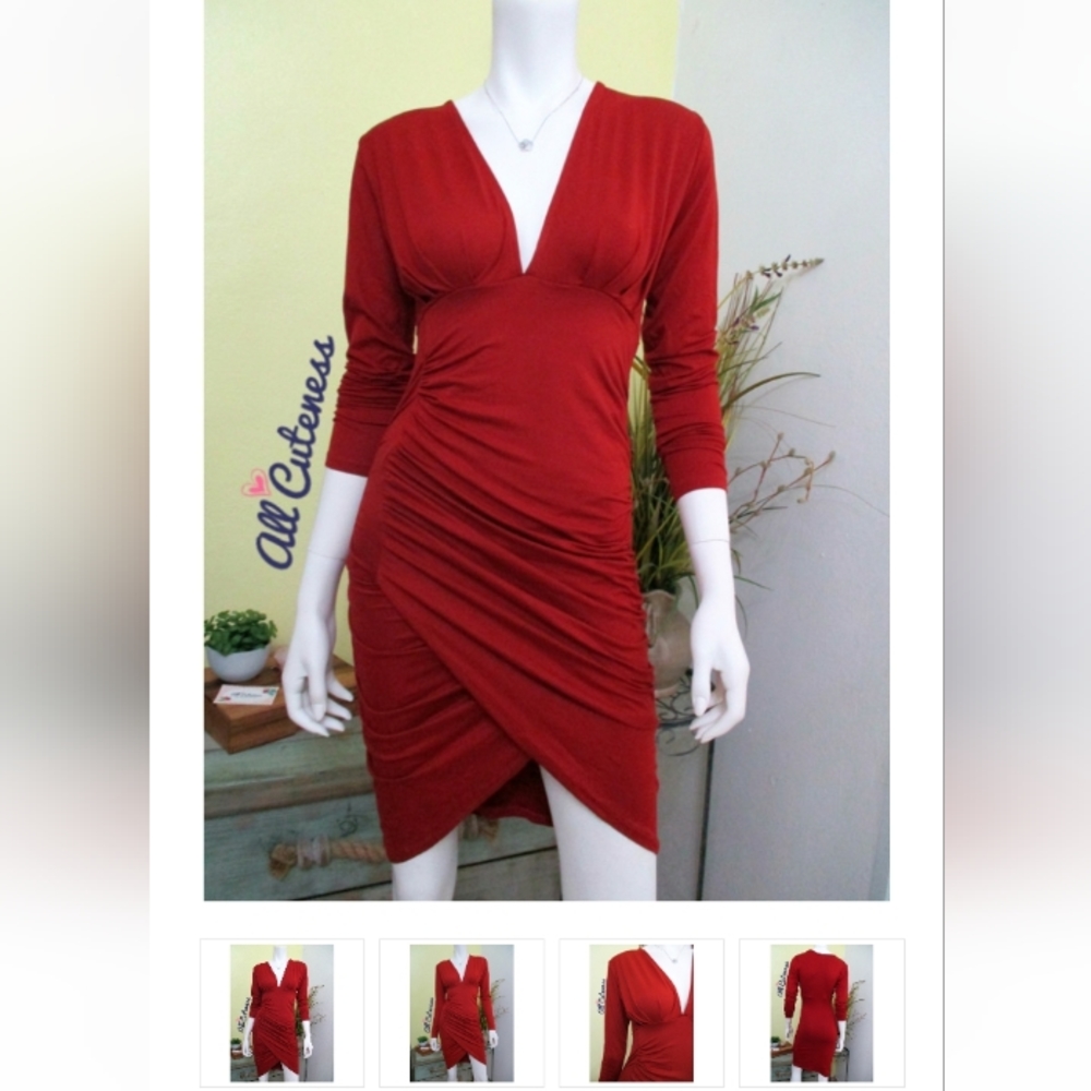 Capella Red Long Sleeve Rushed Dress Size M